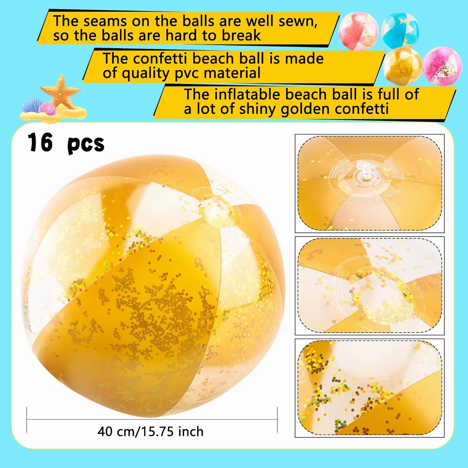 16 Pack 16 Inch Inflatable Glitter Beach Ball Blow Up Clear Beach Ball Confetti Beach Sand Balls for Kids Summer Beach Pool Toys Hawaii Theme Party Favors (Rose Gold,Pink,Gold,Blue)…