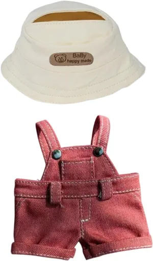 17cm Doll Clothes 2-Piece Set - Beige Fisherman Hat & Denim Overalls, Fashionable Doll Accessory，Stylish Plush Toy Costume Accessory (Deep Pink)