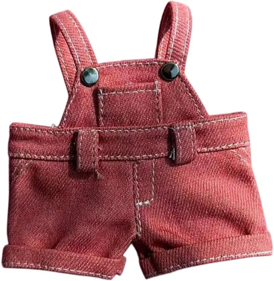 17cm Doll Clothes 2-Piece Set - Beige Fisherman Hat & Denim Overalls, Fashionable Doll Accessory，Stylish Plush Toy Costume Accessory (Deep Pink)