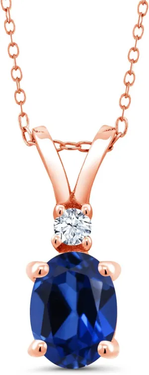18K Rose Gold Plated Silver Gemstone Birthstone and Created Sapphire Pendant Necklace for Women | 8X6MM Oval Center Stone & 2.5MM Round Accent | Fine Jewelry Gifts for Her Mom Wife | 18 Inch Chain