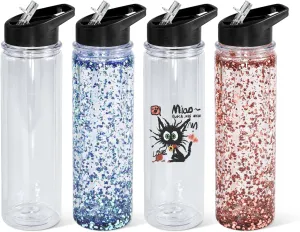 18oz 4 Pack Double Wall Clear Water Bottle Bulk Plastic Snow Globe Tumbler with Handle Lid, Acrylic Pre-Drilled Hole with Stopper Sippy Snow Globe Kid Water Bottle for Scool Sport DIY Gift