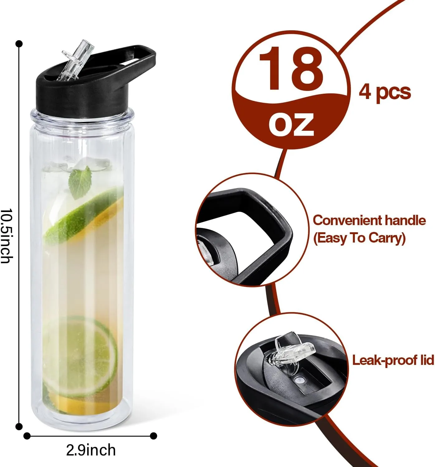 18oz 4 Pack Double Wall Clear Water Bottle Bulk Plastic Snow Globe Tumbler with Handle Lid, Acrylic Pre-Drilled Hole with Stopper Sippy Snow Globe Kid Water Bottle for Scool Sport DIY Gift