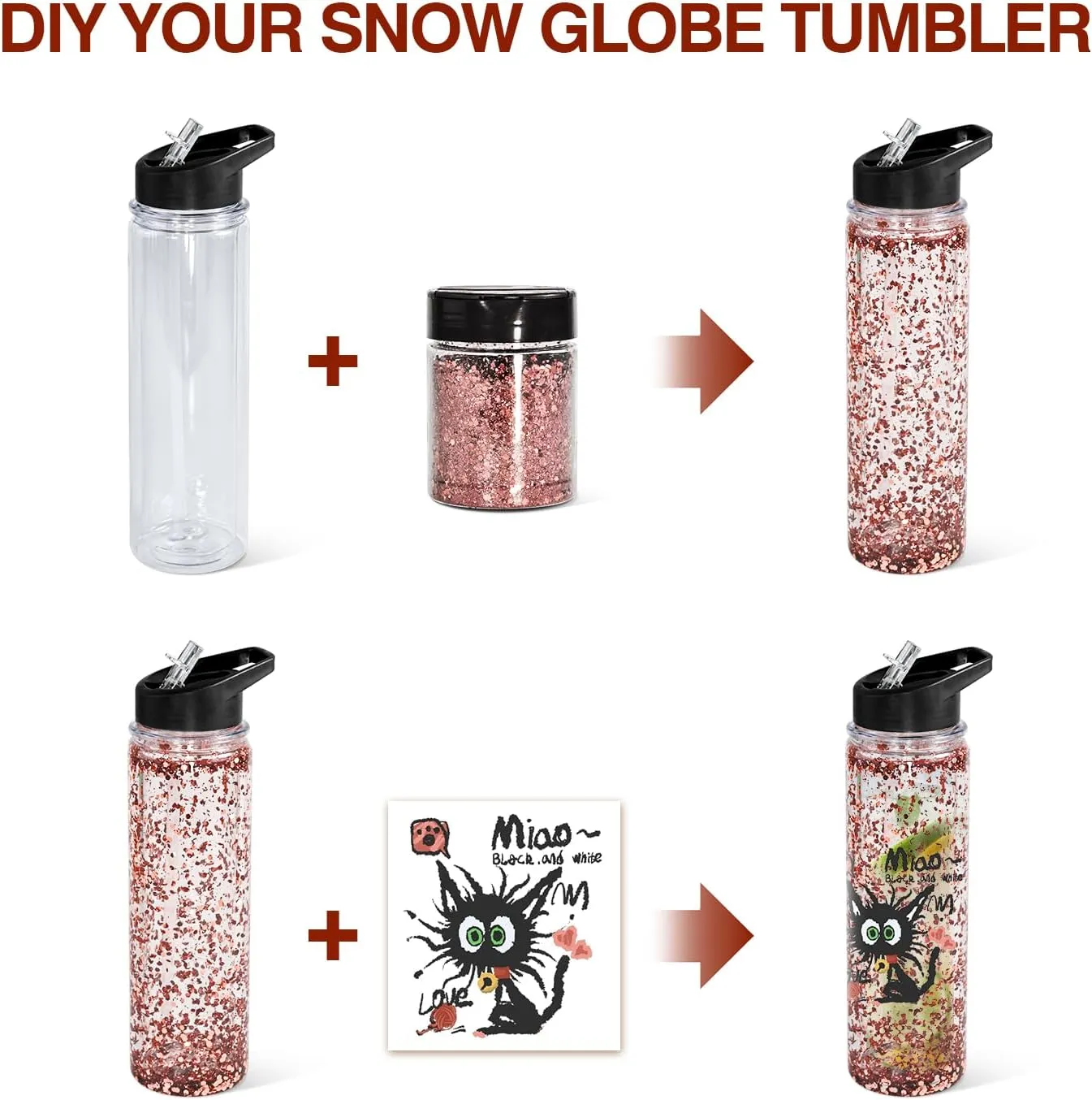 18oz 4 Pack Double Wall Clear Water Bottle Bulk Plastic Snow Globe Tumbler with Handle Lid, Acrylic Pre-Drilled Hole with Stopper Sippy Snow Globe Kid Water Bottle for Scool Sport DIY Gift
