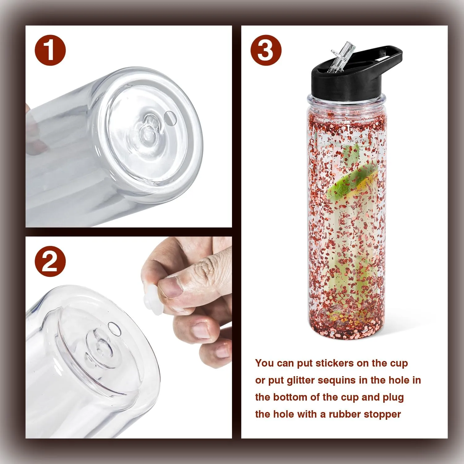 18oz 4 Pack Double Wall Clear Water Bottle Bulk Plastic Snow Globe Tumbler with Handle Lid, Acrylic Pre-Drilled Hole with Stopper Sippy Snow Globe Kid Water Bottle for Scool Sport DIY Gift