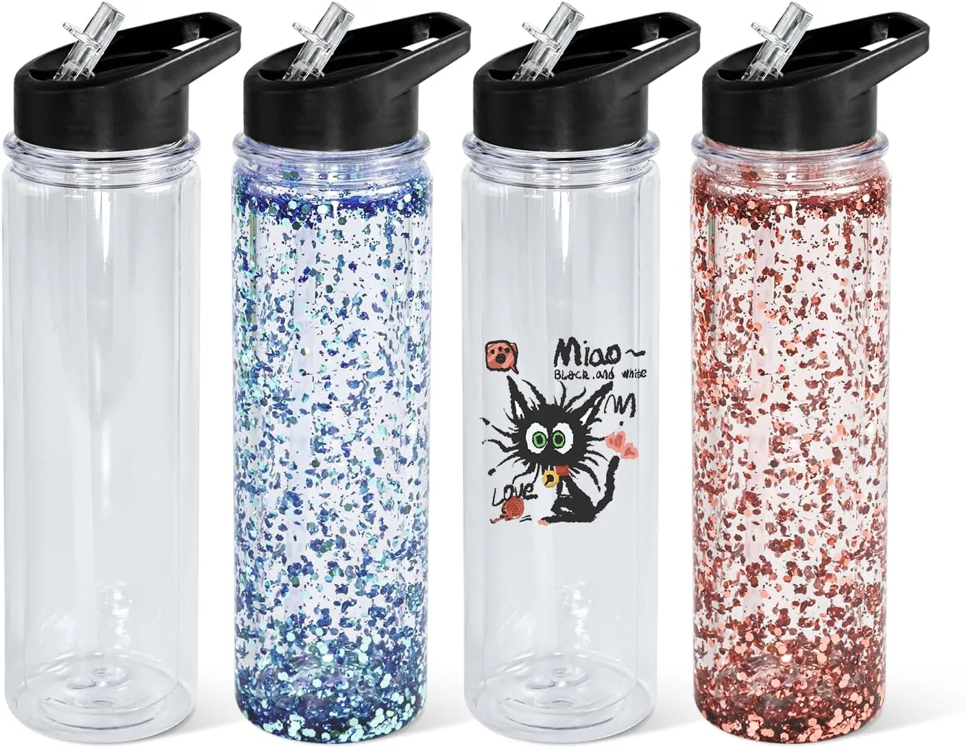 18oz 4 Pack Double Wall Clear Water Bottle Bulk Plastic Snow Globe Tumbler with Handle Lid, Acrylic Pre-Drilled Hole with Stopper Sippy Snow Globe Kid Water Bottle for Scool Sport DIY Gift