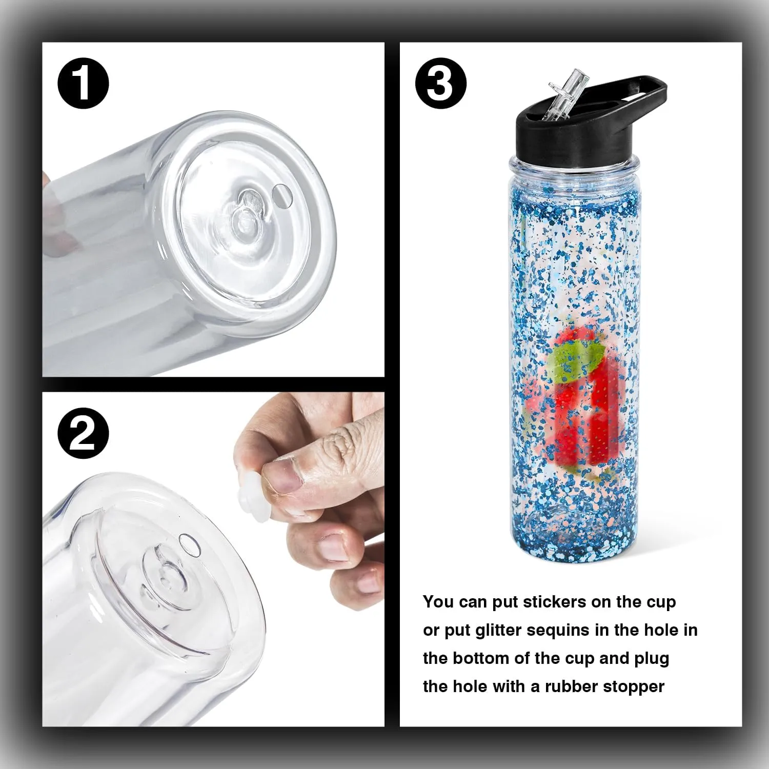18oz 8 Pack Double Wall Clear Water Bottle Bulk Plastic Snow Globe Tumbler with Handle Lid, Acrylic Pre-Drilled Hole With Stopper Sippy Snow Globe Kid Water Bottle for Scool Sport DIY Gift