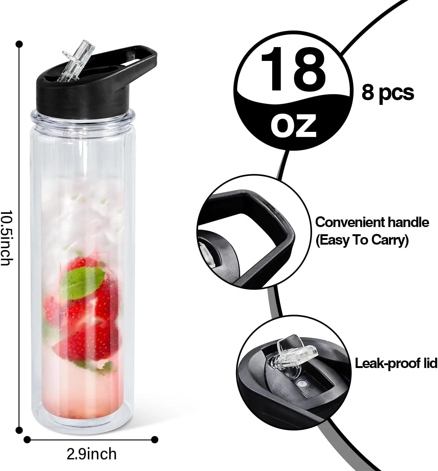 18oz 8 Pack Double Wall Clear Water Bottle Bulk Plastic Snow Globe Tumbler with Handle Lid, Acrylic Pre-Drilled Hole With Stopper Sippy Snow Globe Kid Water Bottle for Scool Sport DIY Gift