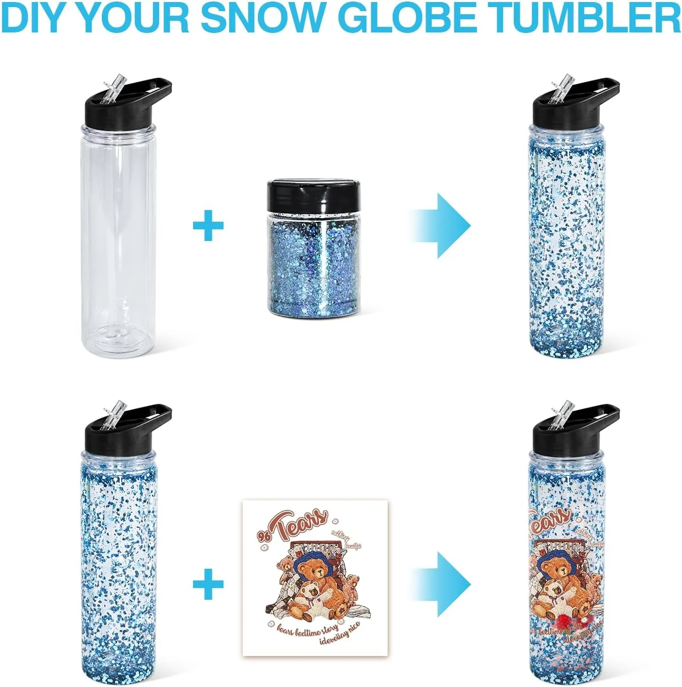 18oz 8 Pack Double Wall Clear Water Bottle Bulk Plastic Snow Globe Tumbler with Handle Lid, Acrylic Pre-Drilled Hole With Stopper Sippy Snow Globe Kid Water Bottle for Scool Sport DIY Gift