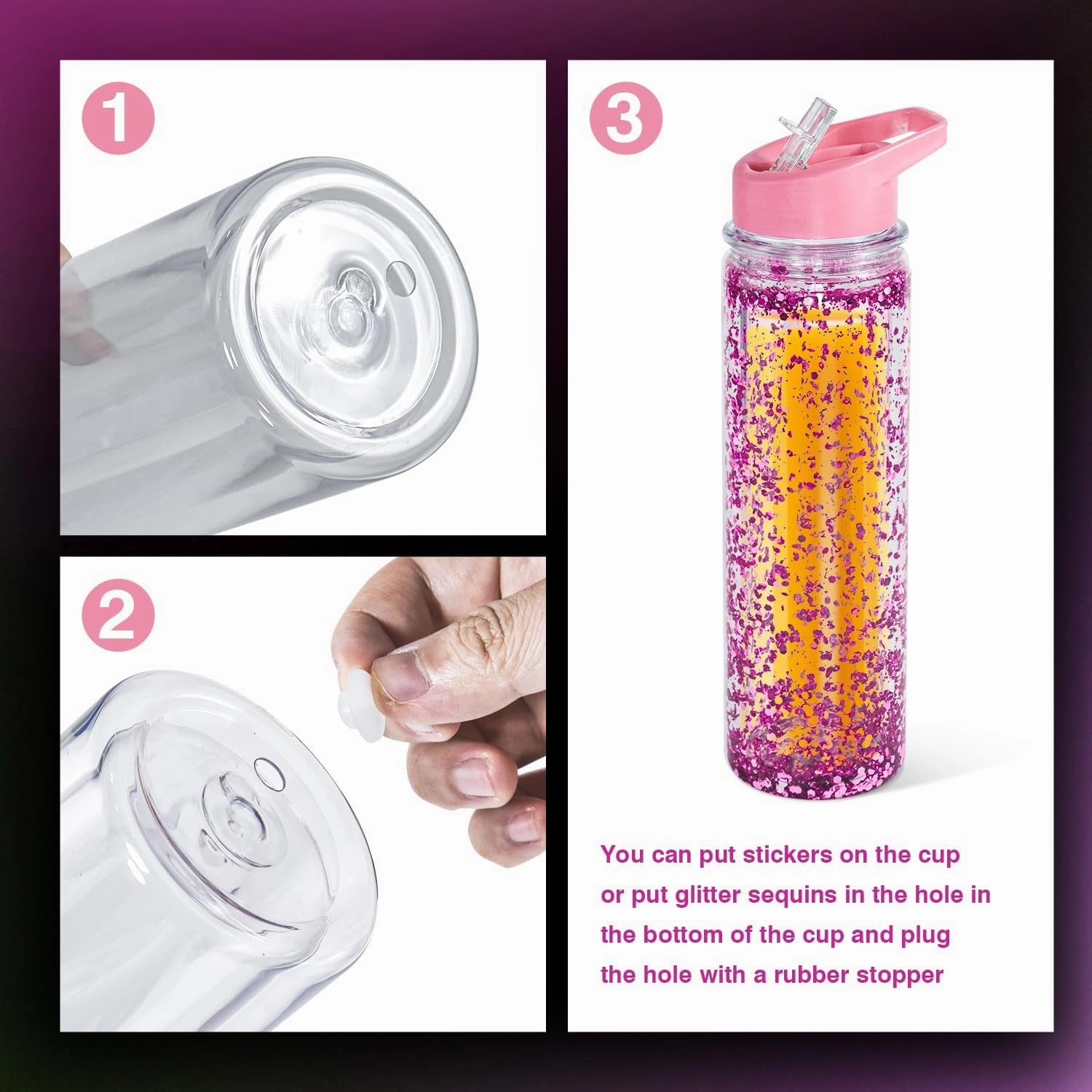 18oz 8 Pack Double Wall Clear Water Bottle Bulk Plastic Snow Globe Tumbler with Handle Lid, Acrylic Pre-Drilled Hole With Stopper Sippy Snow Globe Kid Water Bottle for Scool Sport DIY Gift