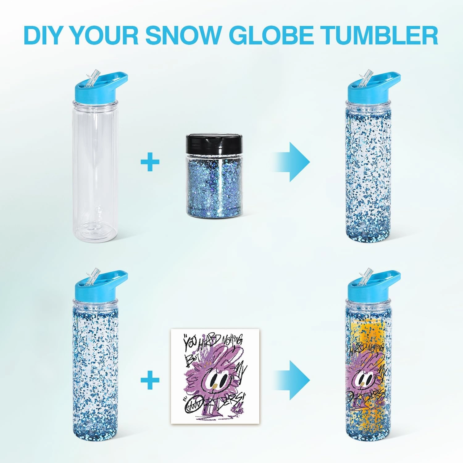 18oz 8 Pack Double Wall Clear Water Bottle Bulk Plastic Snow Globe Tumbler with Handle Lid, Acrylic Pre-Drilled Hole With Stopper Sippy Snow Globe Kid Water Bottle for Scool Sport DIY Gift