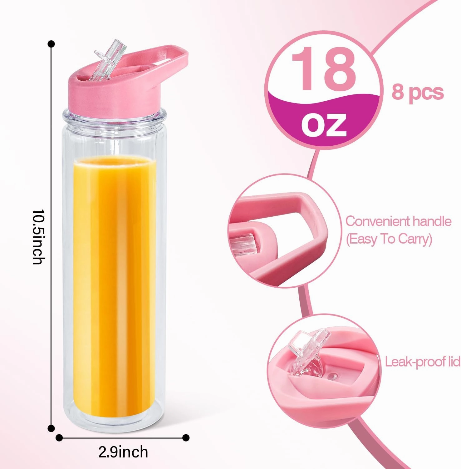 18oz 8 Pack Double Wall Clear Water Bottle Bulk Plastic Snow Globe Tumbler with Handle Lid, Acrylic Pre-Drilled Hole With Stopper Sippy Snow Globe Kid Water Bottle for Scool Sport DIY Gift
