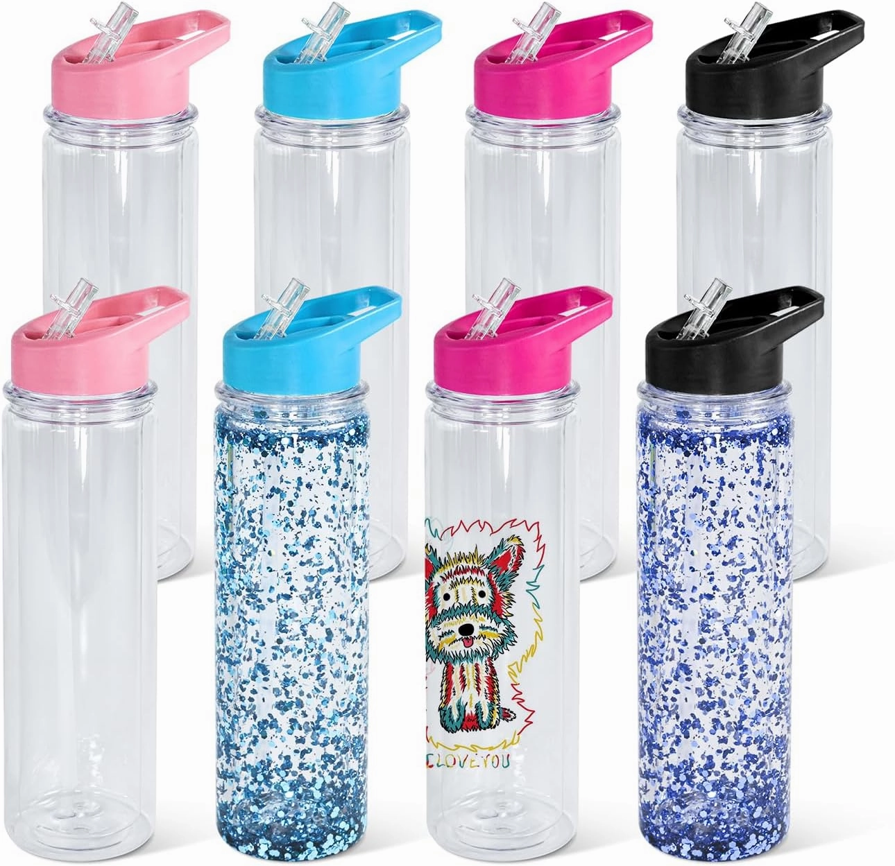 18oz 8 Pack Double Wall Clear Water Bottle Bulk Plastic Snow Globe Tumbler with Handle Lid, Acrylic Pre-Drilled Hole With Stopper Sippy Snow Globe Kid Water Bottle for Scool Sport DIY Gift