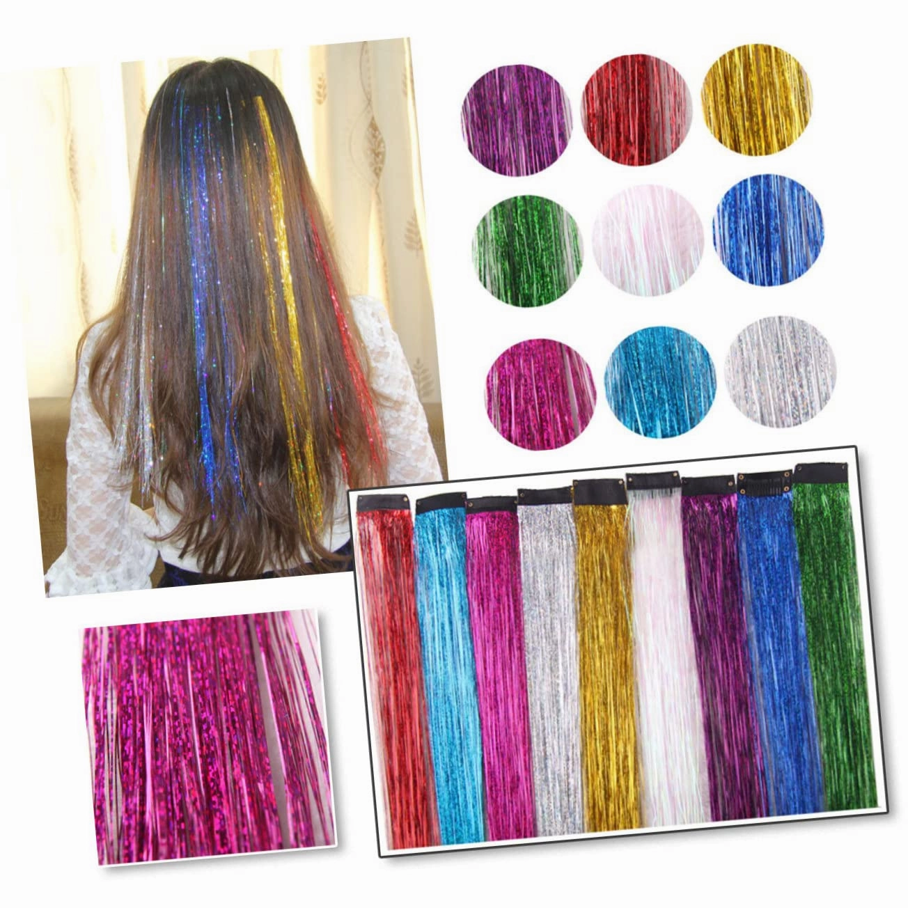 18pcs Clip Hair Extensions for Women Dazzle Fiber Hairpieces in Red Purple Green Pink Sky Blue Sea Blue Rose Red Silver Instant Glamour for Any Occasion