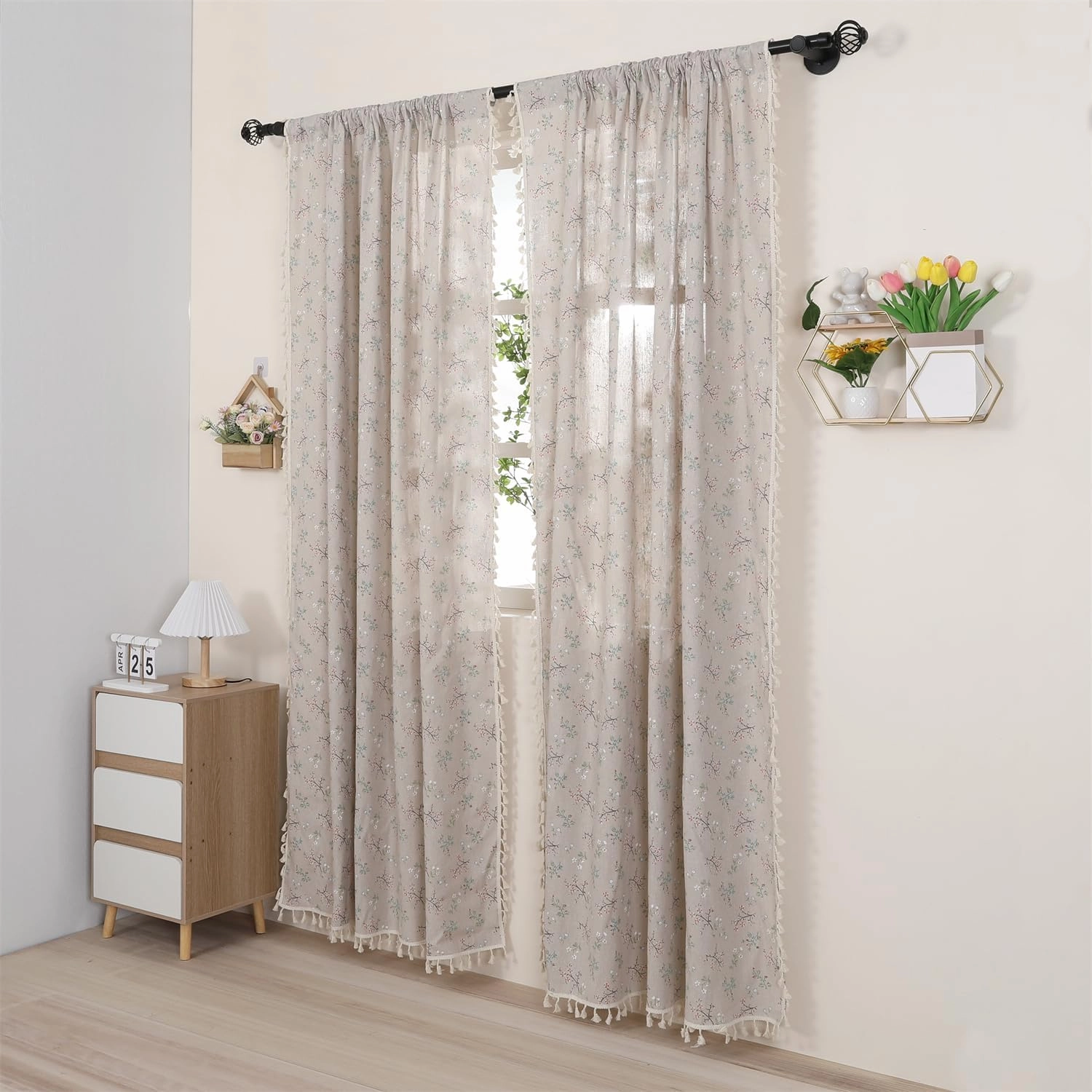 1 Pair Floral Linen Curtains Rustic Country Style Light Filtering Rod Pocket Window Drapes Beige Tassels, 52" W x 63" L Little Grass and Flower on Beige