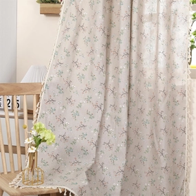 1 Pair Floral Linen Curtains Rustic Country Style Light Filtering Rod Pocket Window Drapes Beige Tassels, 52" W x 63" L Little Grass and Flower on Beige