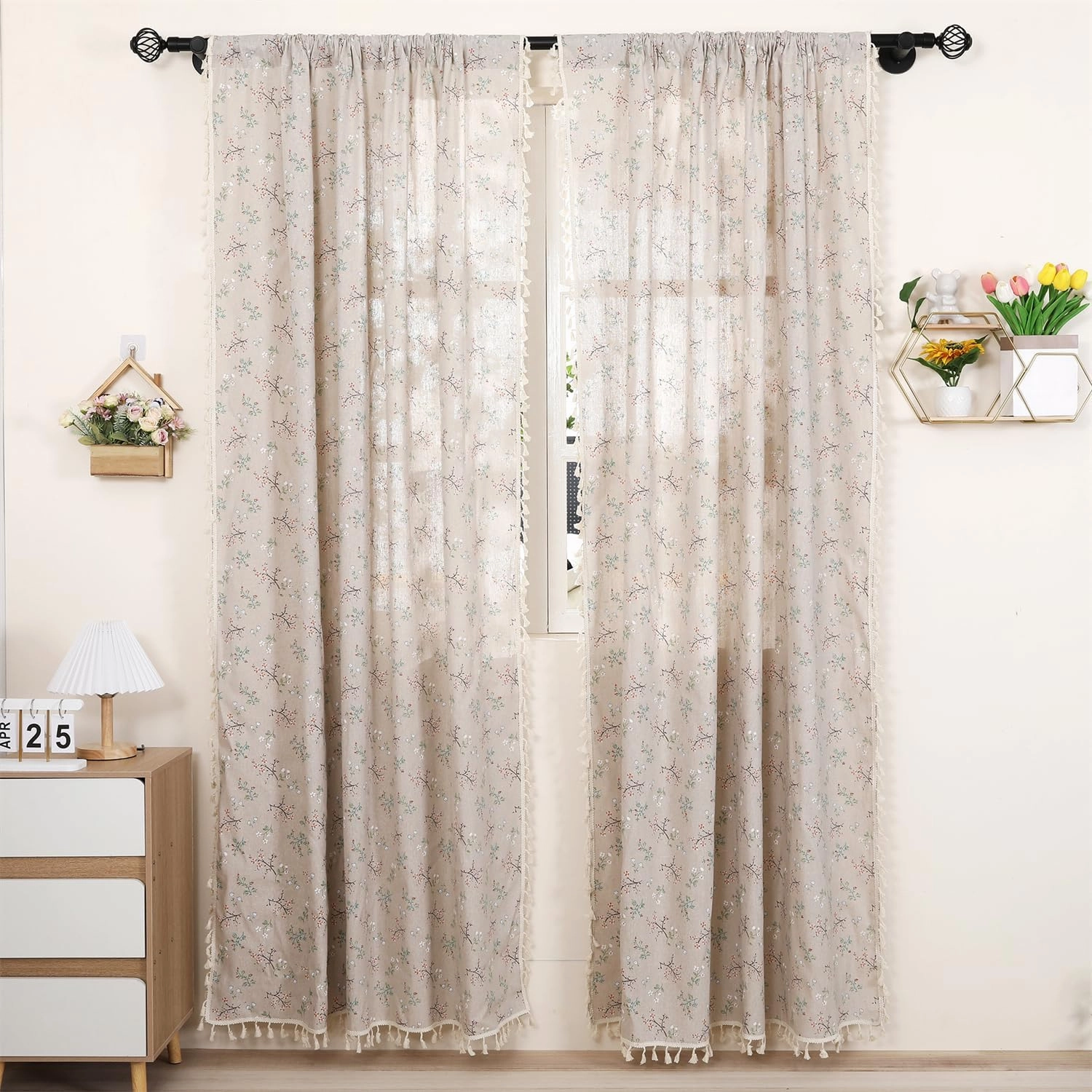 1 Pair Floral Linen Curtains Rustic Country Style Light Filtering Rod Pocket Window Drapes Beige Tassels, 52" W x 63" L Little Grass and Flower on Beige