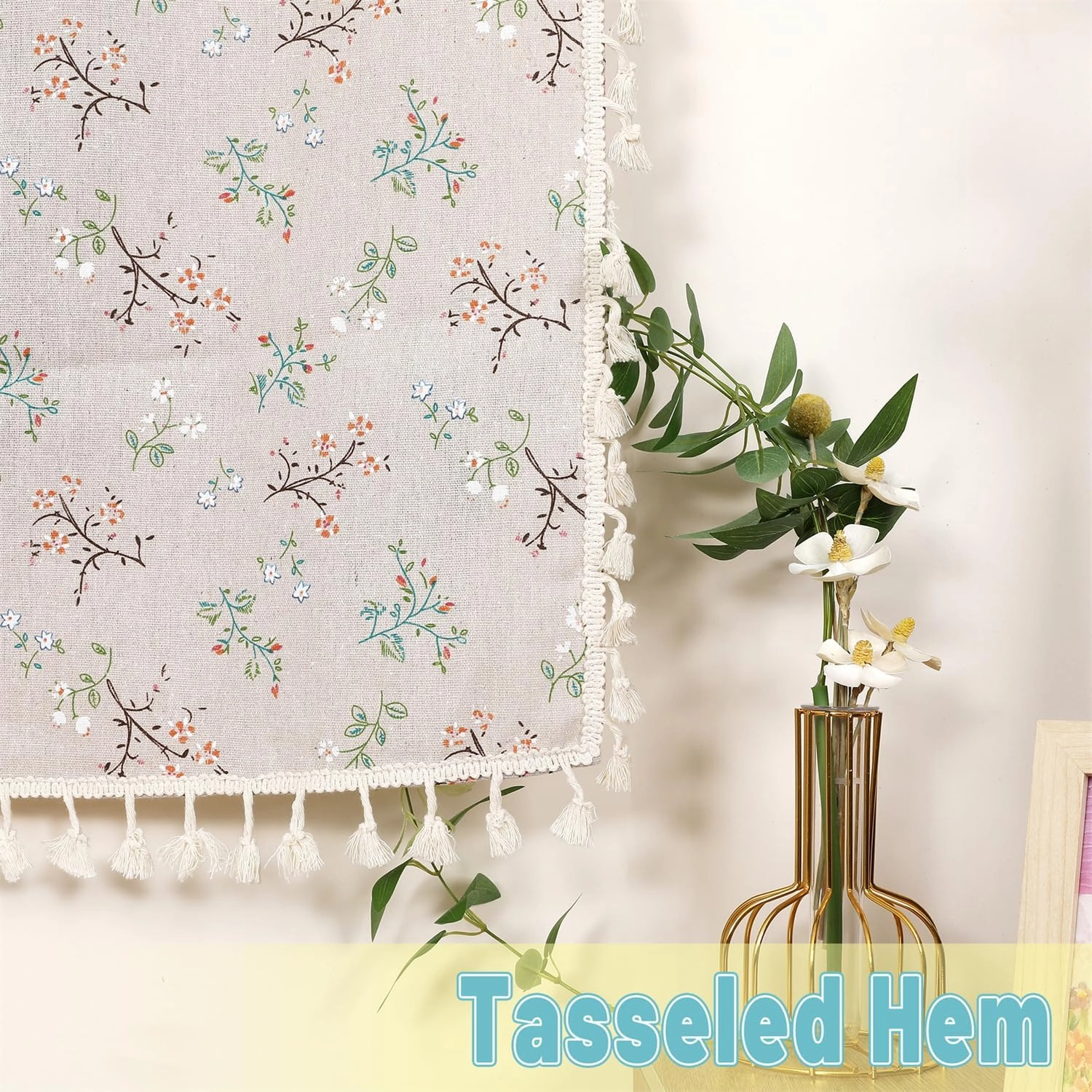1 Pair Floral Linen Curtains Rustic Country Style Light Filtering Rod Pocket Window Drapes Beige Tassels, 52" W x 63" L Little Grass and Flower on Beige