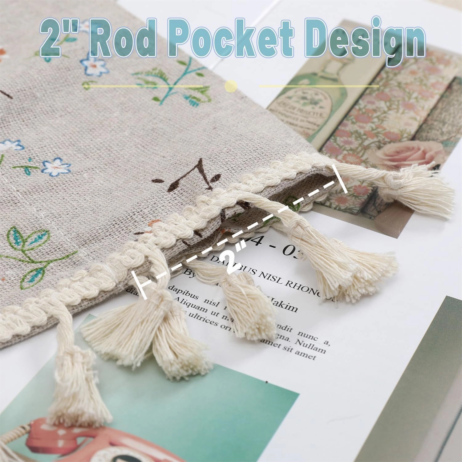 1 Pair Floral Linen Curtains Rustic Country Style Light Filtering Rod Pocket Window Drapes Beige Tassels, 52" W x 63" L Little Grass and Flower on Beige