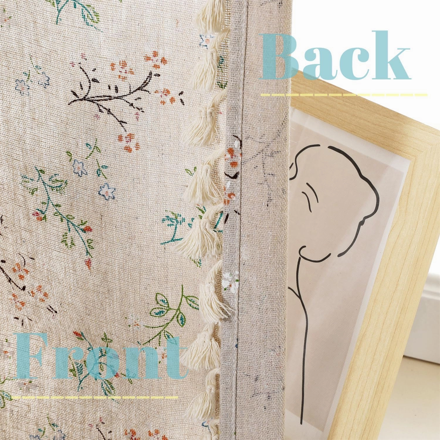 1 Pair Floral Linen Curtains Rustic Country Style Light Filtering Rod Pocket Window Drapes Beige Tassels, 52" W x 63" L Little Grass and Flower on Beige