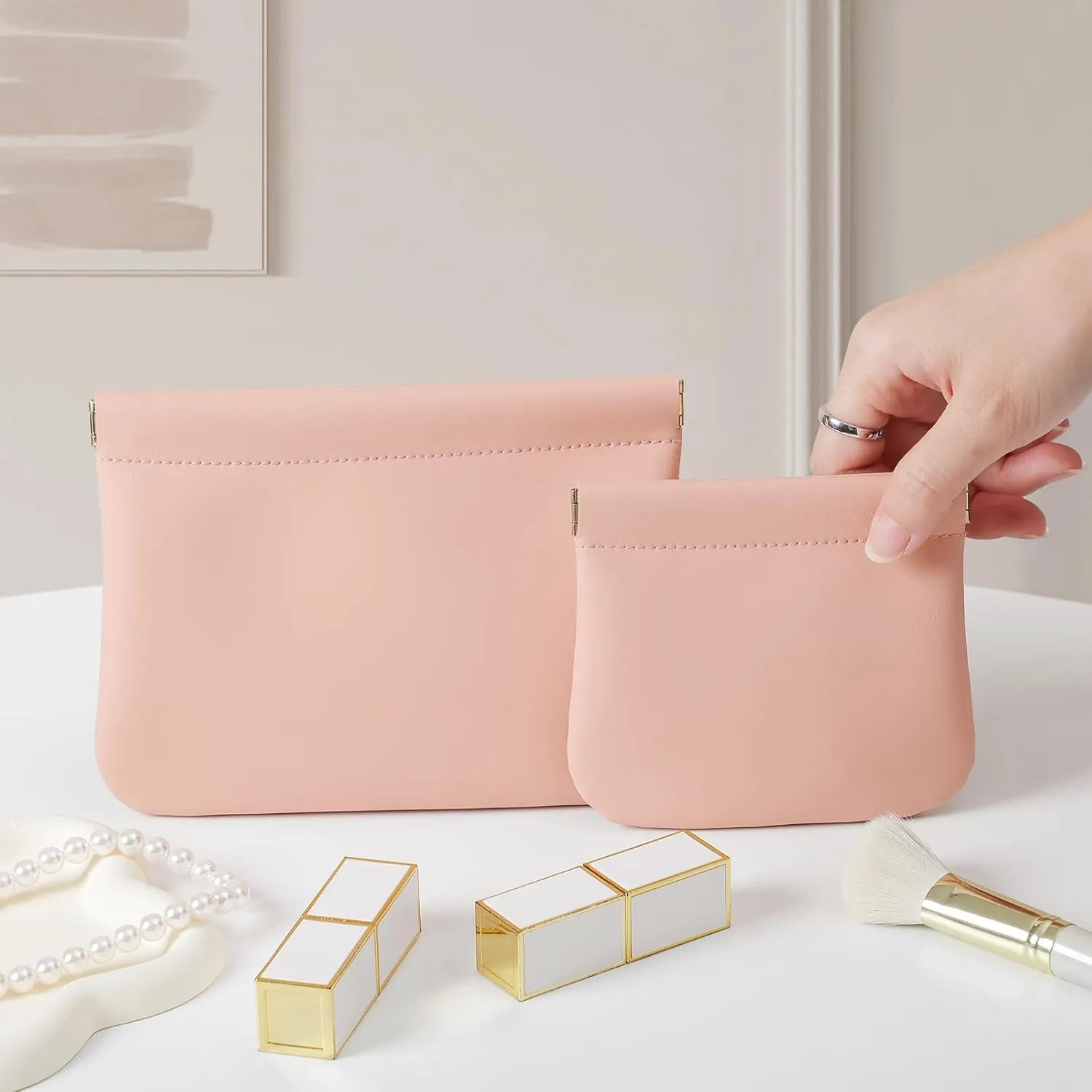 2 Pack Small Makeup Bag for Women, New Organosilicon Super Fiber Leather Mini Cosmetic Bag for Travel, Coin Purse Organizer Storage Pouch (Pink)