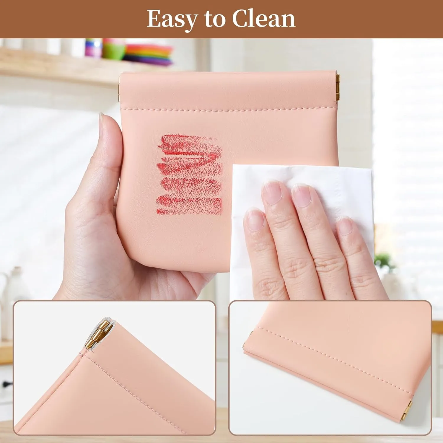 2 Pack Small Makeup Bag for Women, New Organosilicon Super Fiber Leather Mini Cosmetic Bag for Travel, Coin Purse Organizer Storage Pouch (Pink)