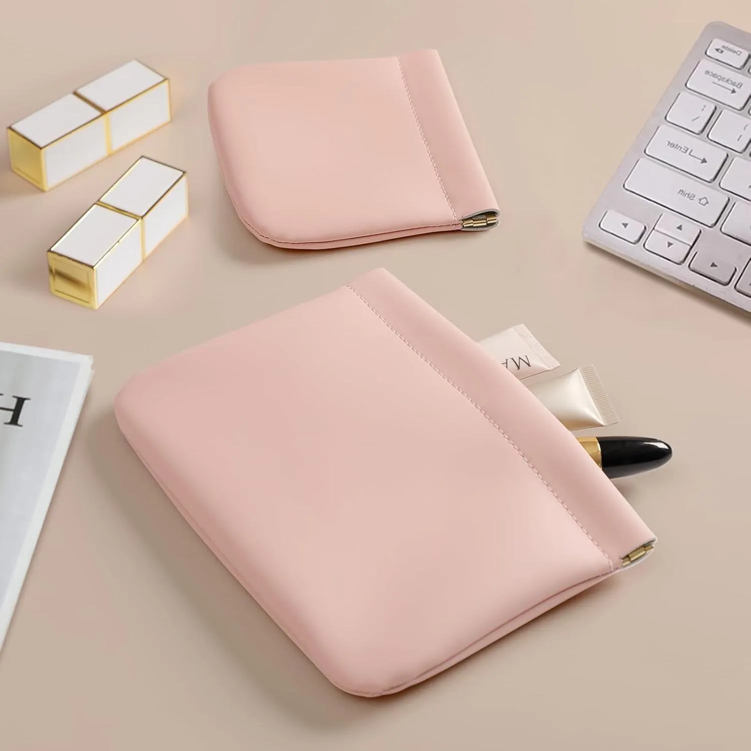2 Pack Small Makeup Bag for Women, New Organosilicon Super Fiber Leather Mini Cosmetic Bag for Travel, Coin Purse Organizer Storage Pouch (Pink)