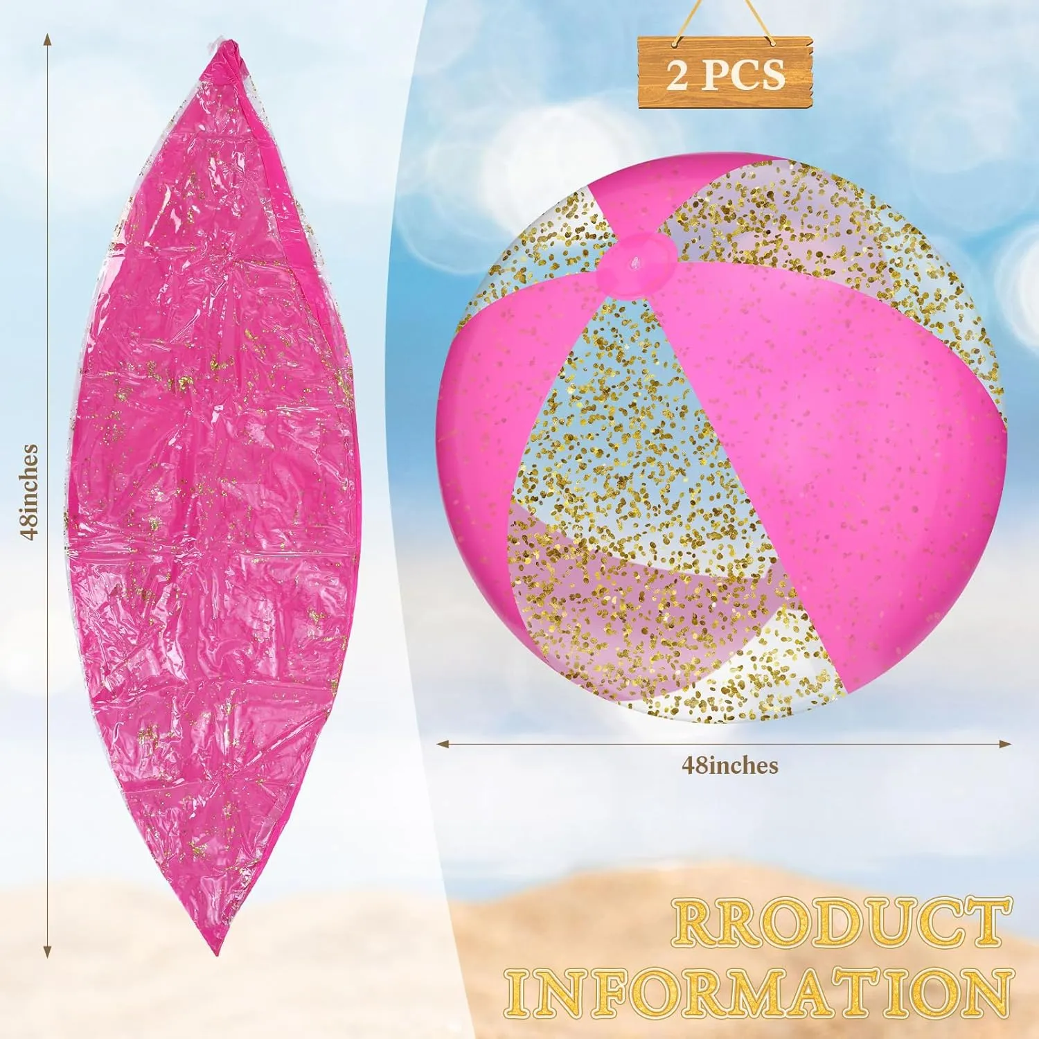 2 Pcs 48'' Giant Beach Balls for Swimming Pool 4 Ft Jumbo Glitter Confetti Inflatable PVC Pool Balls Large Summer Blow up Beach Toys for Adults Summer Outdoor Party Favor(Pink White)