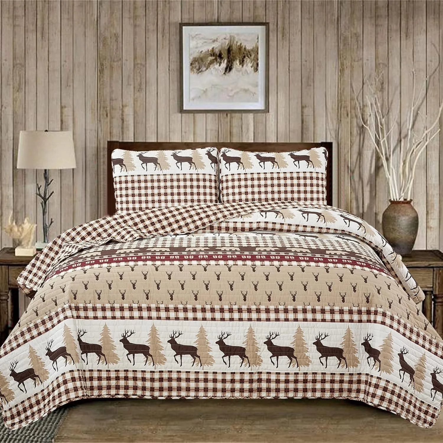 2 Piece Reversible Quilt Set with Sham | All-Season Soft & Lightweight Bedspread | Rustic Lodge Cabin Printed Plaid Design | Cedar Creek Collection (Twin, Red/Taupe)