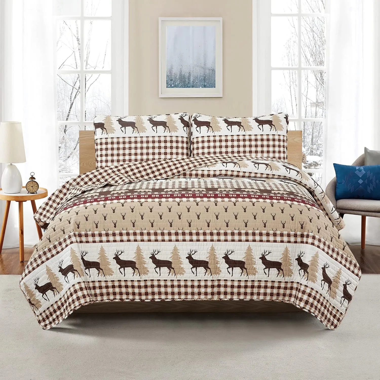 2 Piece Reversible Quilt Set with Sham | All-Season Soft & Lightweight Bedspread | Rustic Lodge Cabin Printed Plaid Design | Cedar Creek Collection (Twin, Red/Taupe)
