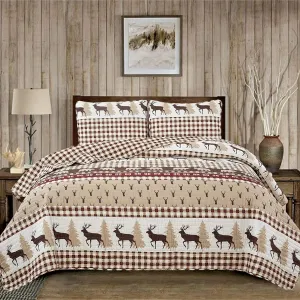 2 Piece Reversible Quilt Set with Sham | All-Season Soft & Lightweight Bedspread | Rustic Lodge Cabin Printed Plaid Design | Cedar Creek Collection (Twin, Red/Taupe)