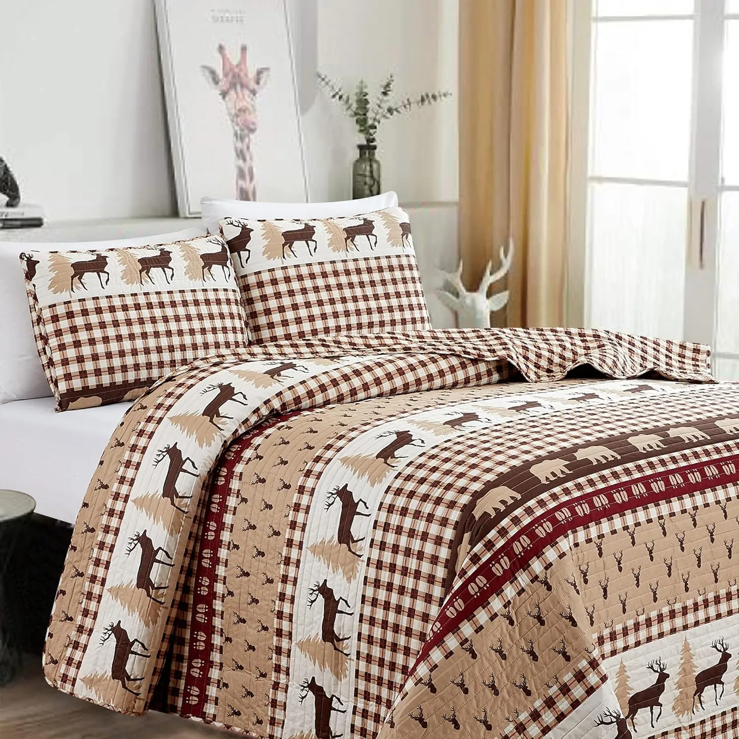 2 Piece Reversible Quilt Set with Sham | All-Season Soft & Lightweight Bedspread | Rustic Lodge Cabin Printed Plaid Design | Cedar Creek Collection (Twin, Red/Taupe)