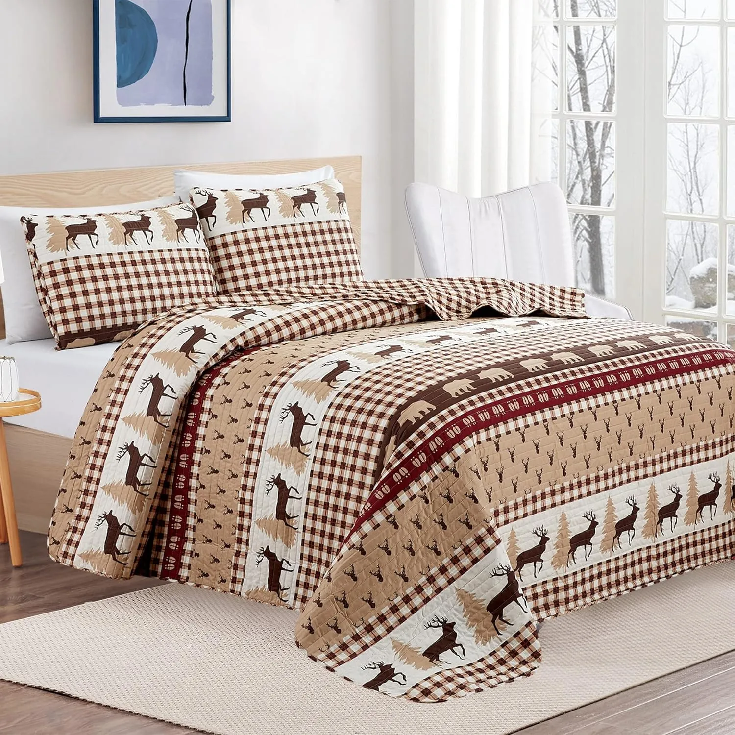 2 Piece Reversible Quilt Set with Sham | All-Season Soft & Lightweight Bedspread | Rustic Lodge Cabin Printed Plaid Design | Cedar Creek Collection (Twin, Red/Taupe)