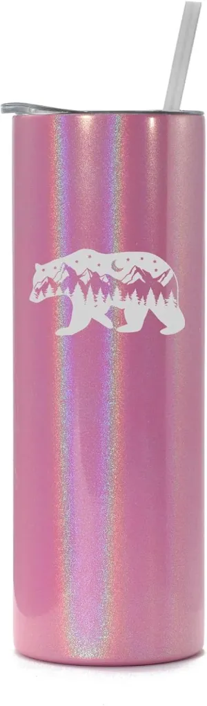 20 oz Skinny Tall Tumbler Stainless Steel Vacuum Insulated Travel Mug Cup With Straw Gift Bear Mountains Forest Cabin (Pink Iridescent Glitter)