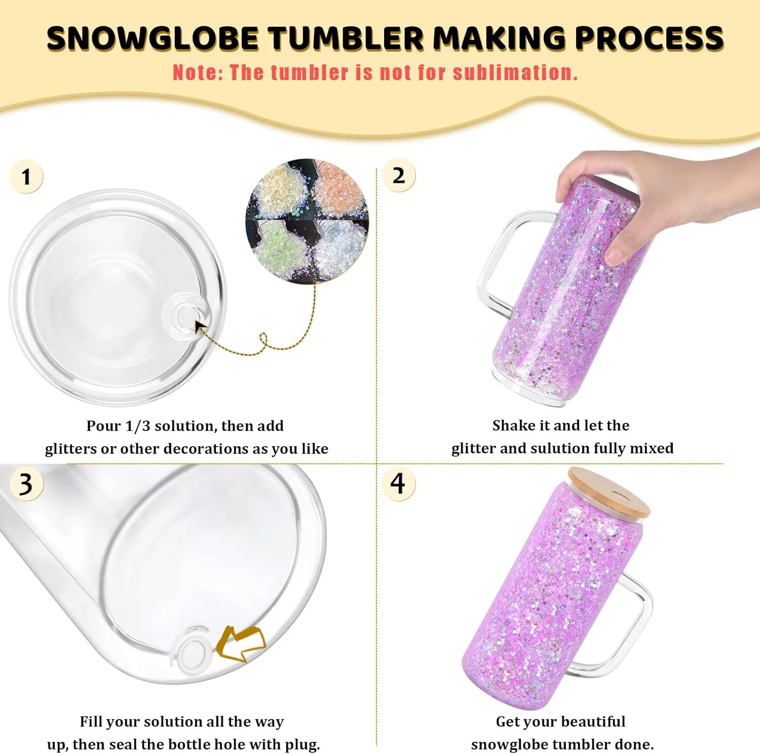 20 Oz Snow Globe Glass Cup With Handle, 4 Pack Pre-Drilled Double Wall Glass Coffee Mug For Snow Globe Diy Glitter, Double Wall Snow Globe Tumbler with Bamboo Lid, Clear