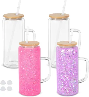 20 Oz Snow Globe Glass Cup With Handle, 4 Pack Pre-Drilled Double Wall Glass Coffee Mug For Snow Globe Diy Glitter, Double Wall Snow Globe Tumbler with Bamboo Lid, Clear
