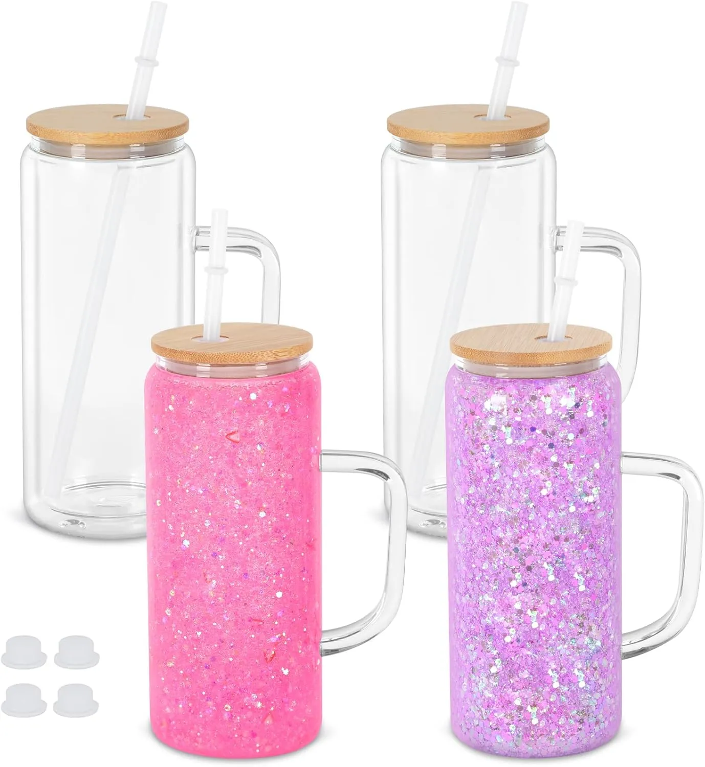 20 Oz Snow Globe Glass Cup With Handle, 4 Pack Pre-Drilled Double Wall Glass Coffee Mug For Snow Globe Diy Glitter, Double Wall Snow Globe Tumbler with Bamboo Lid, Clear