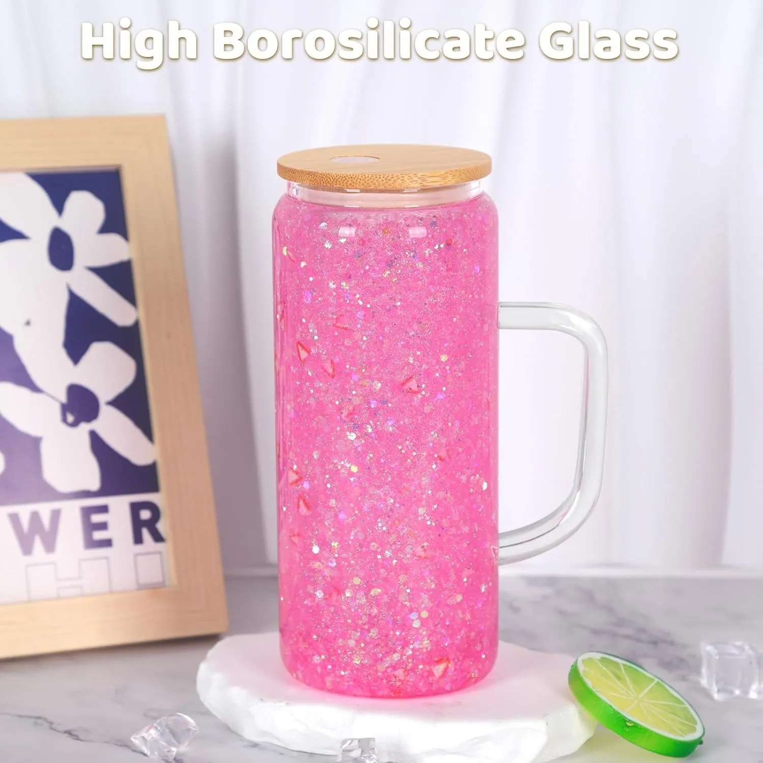 20 Oz Snow Globe Glass Cup With Handle, 4 Pack Pre-Drilled Double Wall Glass Coffee Mug For Snow Globe Diy Glitter, Double Wall Snow Globe Tumbler with Bamboo Lid, Clear
