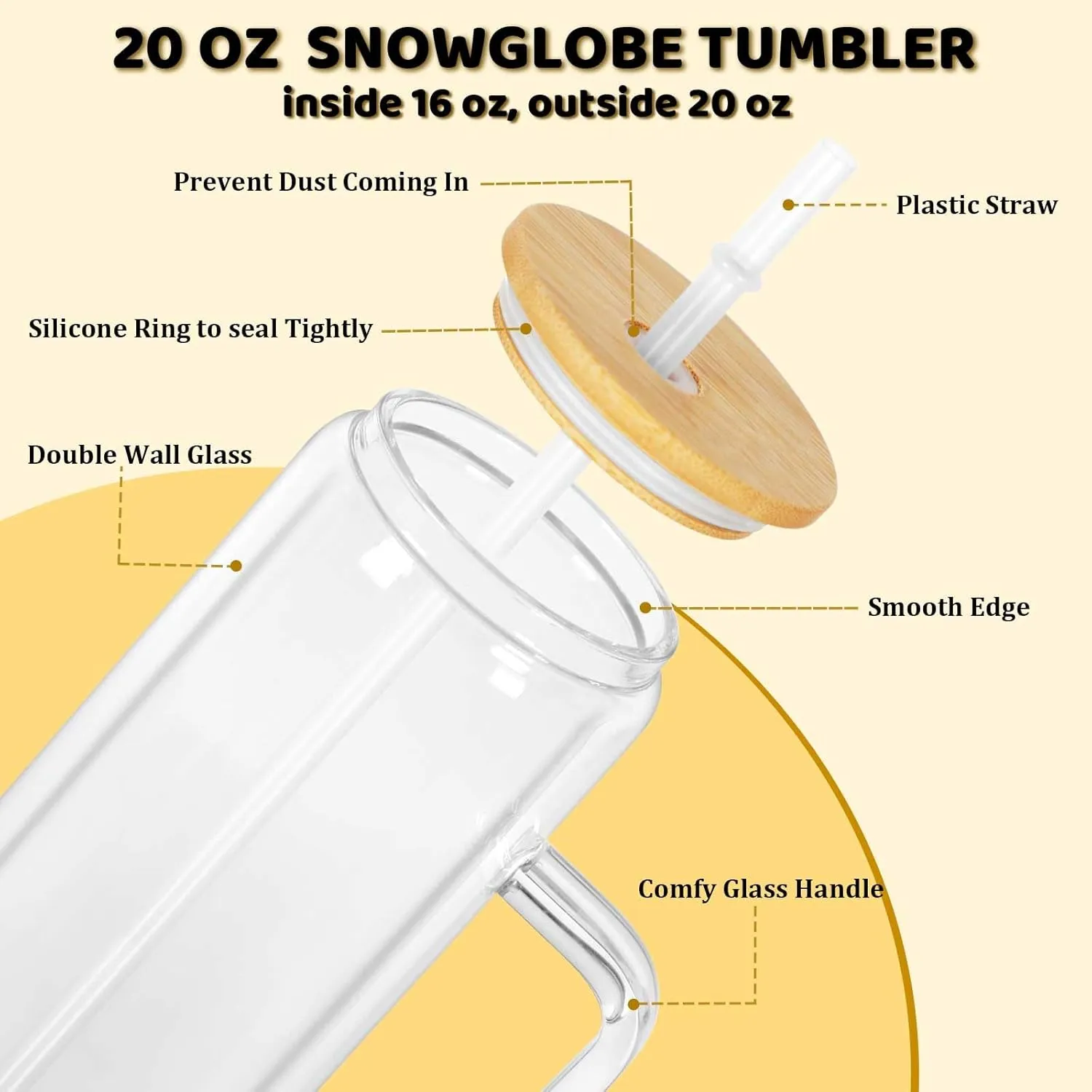 20 Oz Snow Globe Glass Cup With Handle, 4 Pack Pre-Drilled Double Wall Glass Coffee Mug For Snow Globe Diy Glitter, Double Wall Snow Globe Tumbler with Bamboo Lid, Clear