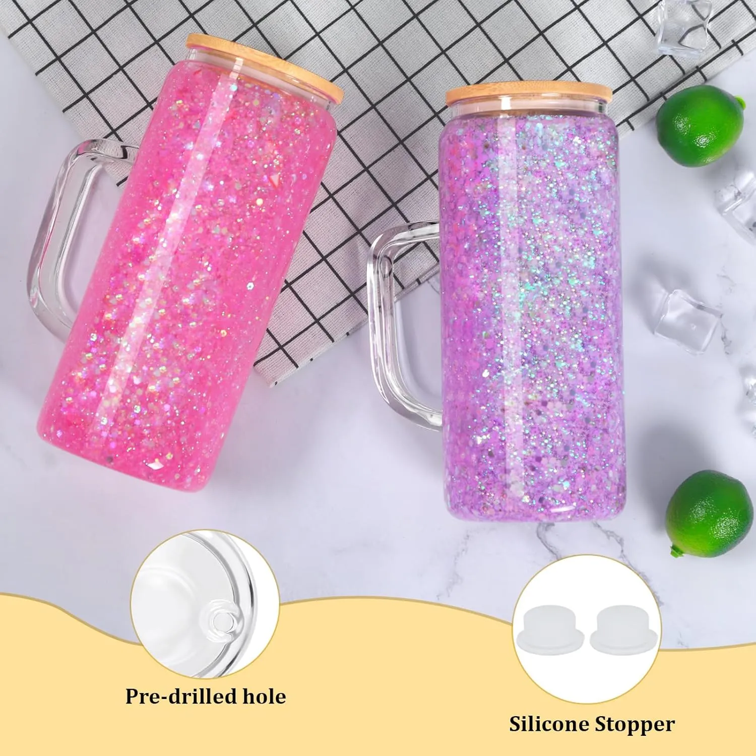 20 Oz Snow Globe Glass Cup With Handle, 4 Pack Pre-Drilled Double Wall Glass Coffee Mug For Snow Globe Diy Glitter, Double Wall Snow Globe Tumbler with Bamboo Lid, Clear