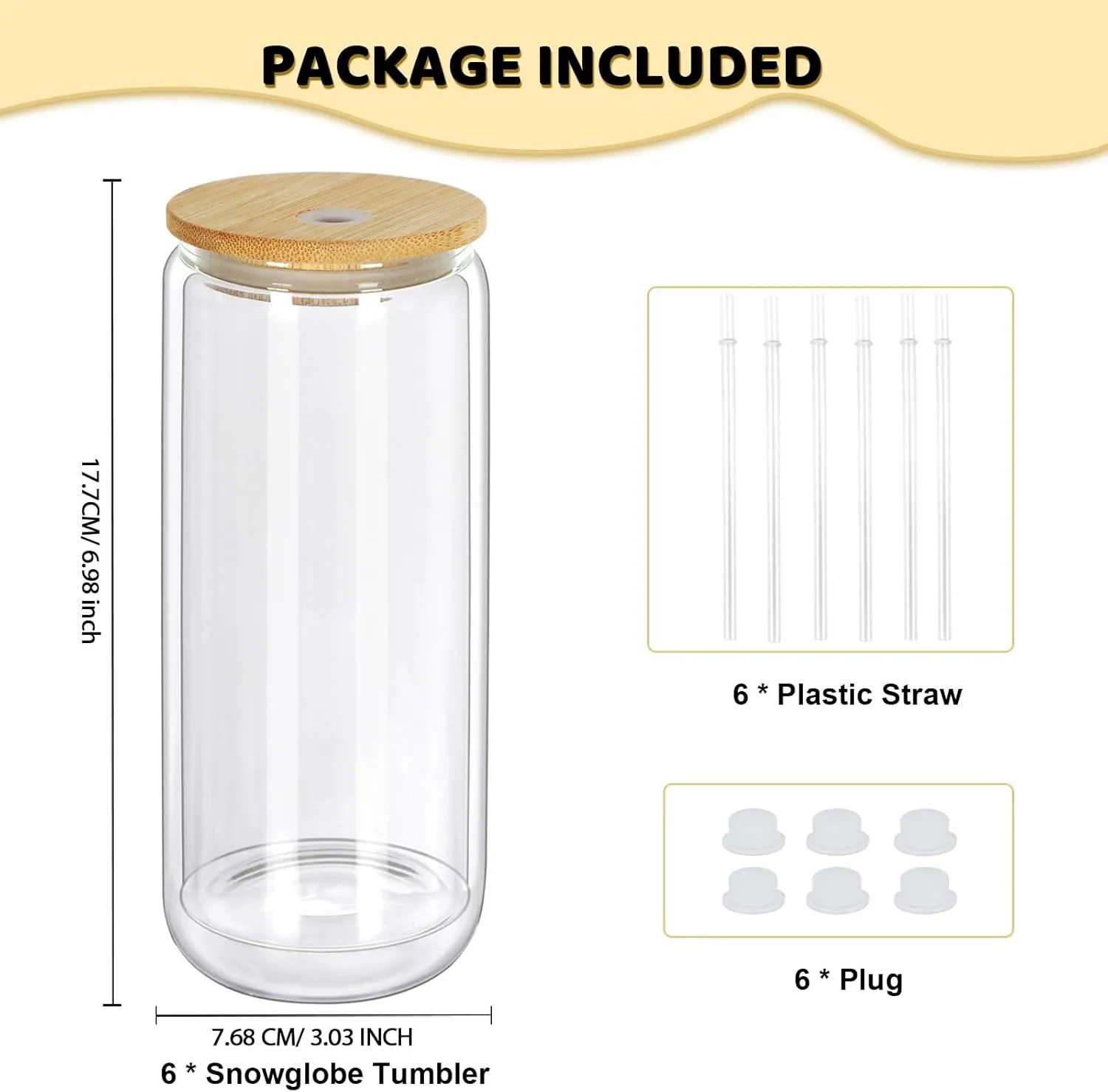 20 Oz Snow Globe Tumbler, 6 Pack Pre-Drilled Sublimation Glass Cup For Glitter Snow Globe Diy, Double Wall Sublimation Glass Tumbler