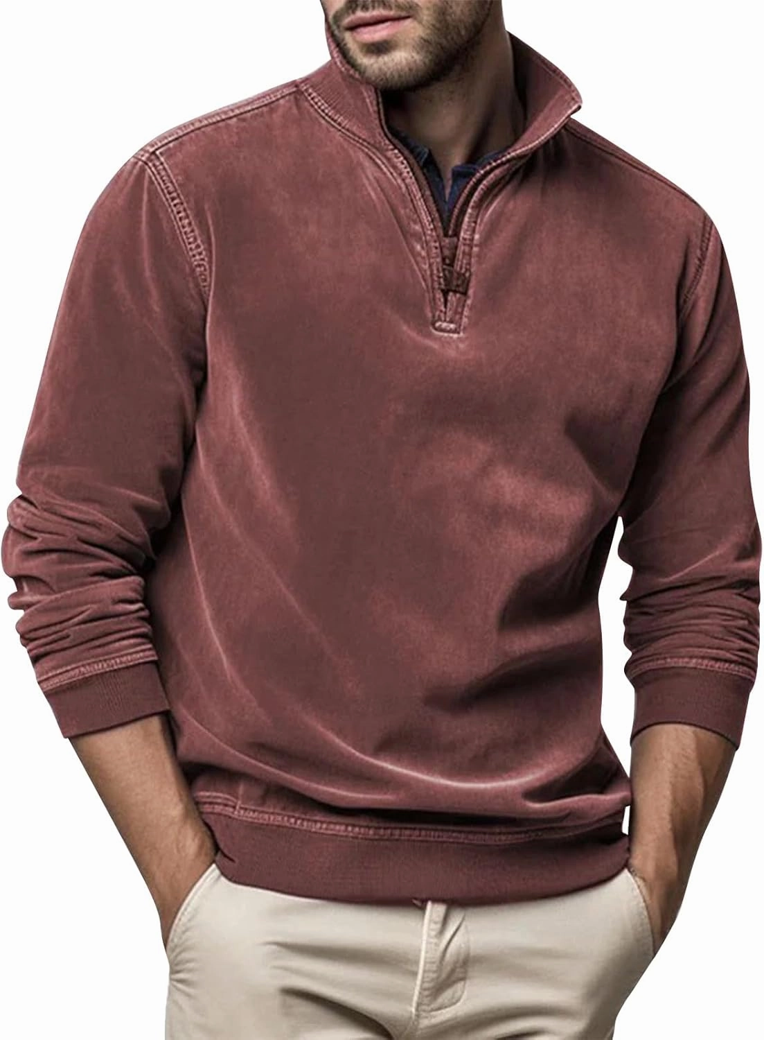 2024 Men's Quarter-Zip Pullover Long Sleeved Fashion Slim Fit Top High Collar Sweatshirt Lightweight Workout Shirt
