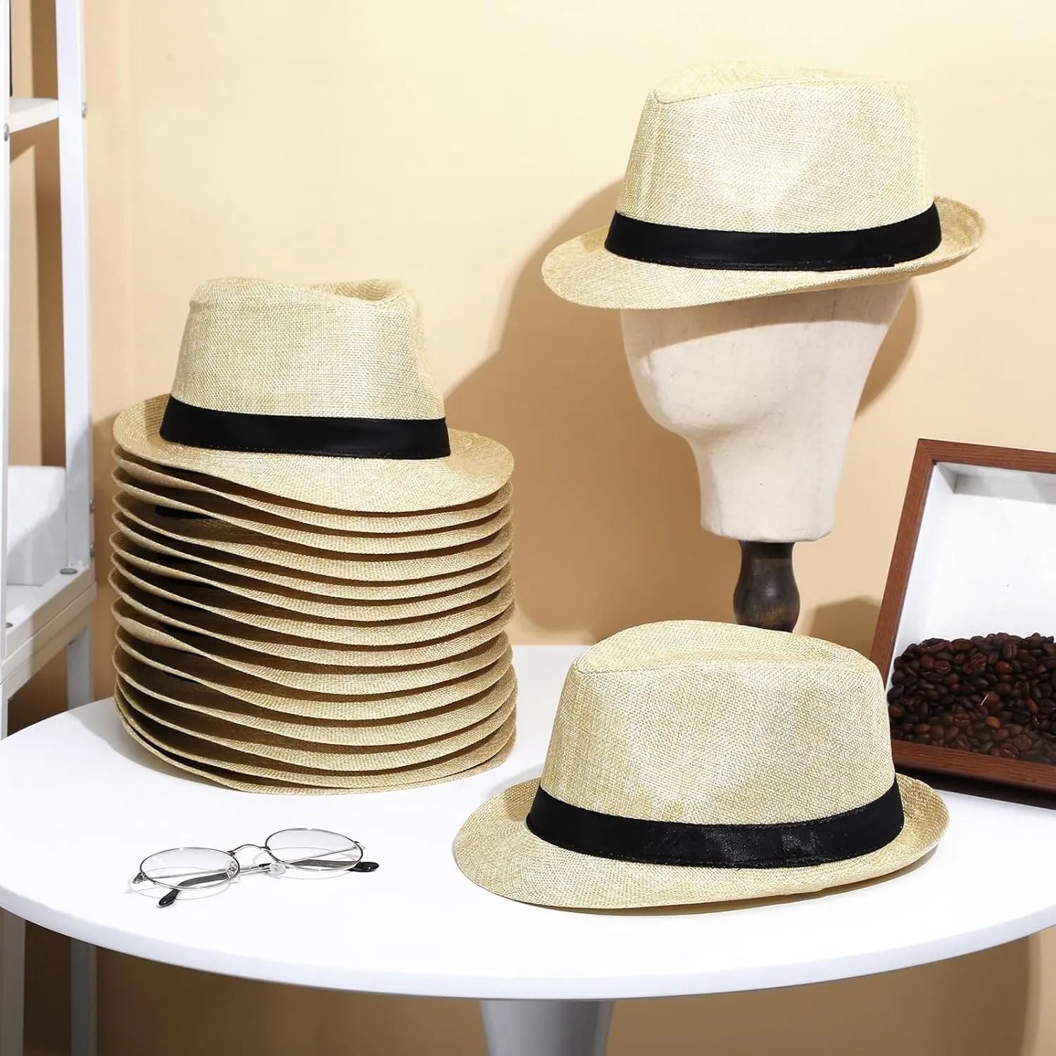 24 Pack 1920s Fedora Hats Bulk for Men Short Brim Sun Panama Hats for Women Party Costume, Circumference 60 cm