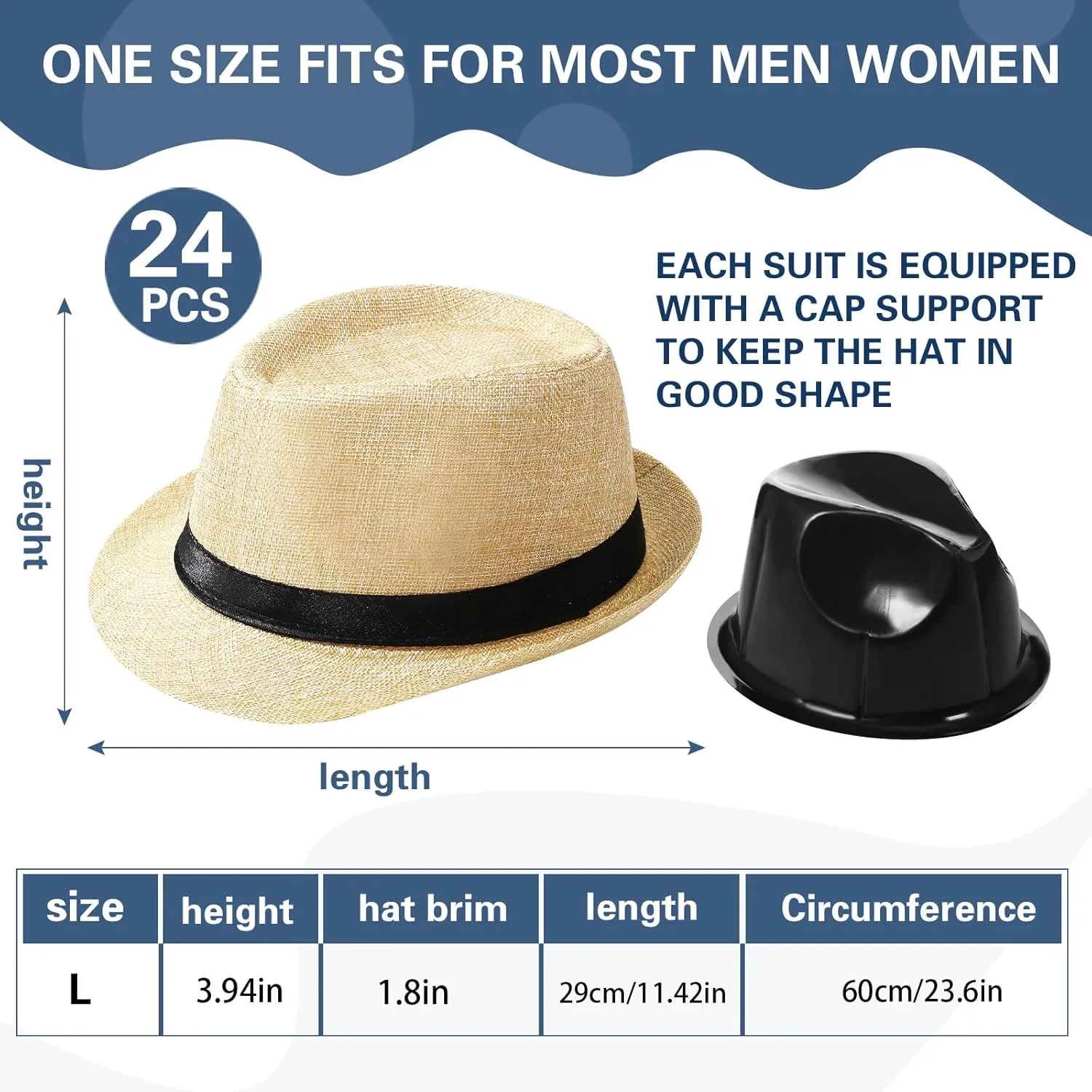 24 Pack 1920s Fedora Hats Bulk for Men Short Brim Sun Panama Hats for Women Party Costume, Circumference 60 cm