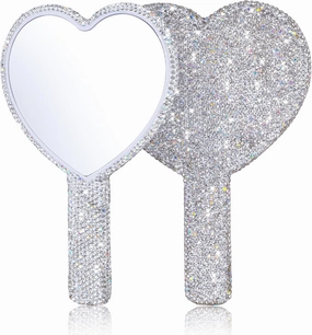 2 Pcs Bling Hand Mirrors with Handle, Sparkling Rhinestone Heart Shaped Handheld Mirror, White Cute Handheld Mirrors Glitter, Portable Makeup Handle Mirror for Women Girls Trave