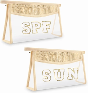 2 Pcs Boho Straw Clear Makeup Letter Pouch, Sunscreen Pouch for Beach Travel, Waterproof Beach Toiletry Sun Bag Accessories for Women