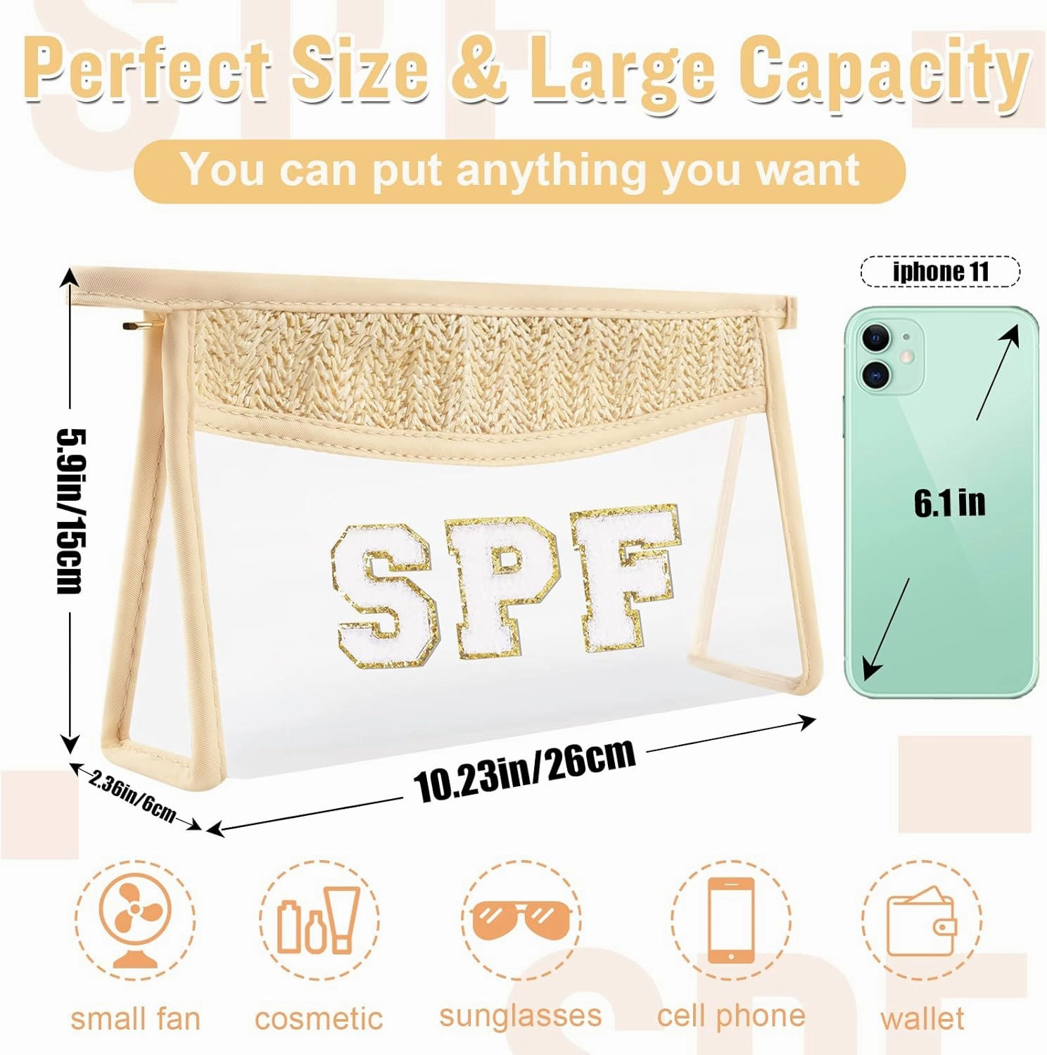 2 Pcs Boho Straw Clear Makeup Letter Pouch, Sunscreen Pouch for Beach Travel, Waterproof Beach Toiletry Sun Bag Accessories for Women
