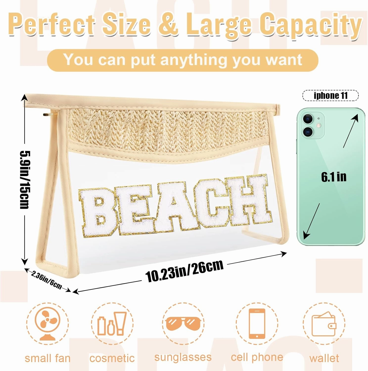 2 Pcs Boho Straw Clear Makeup Letter Pouch, Sunscreen SPF Bag Pouch, Waterproof Beach Toiletry Bag Accessories for Women