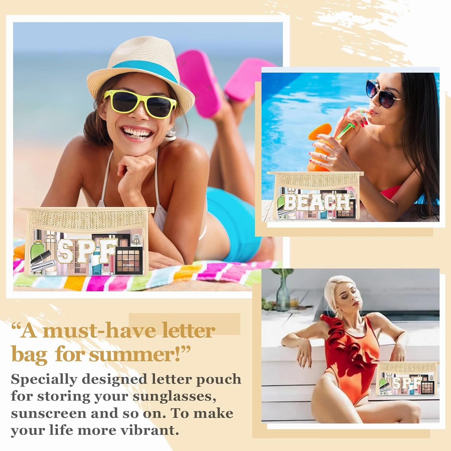 2 Pcs Boho Straw Clear Makeup Letter Pouch, Sunscreen SPF Bag Pouch, Waterproof Beach Toiletry Bag Accessories for Women