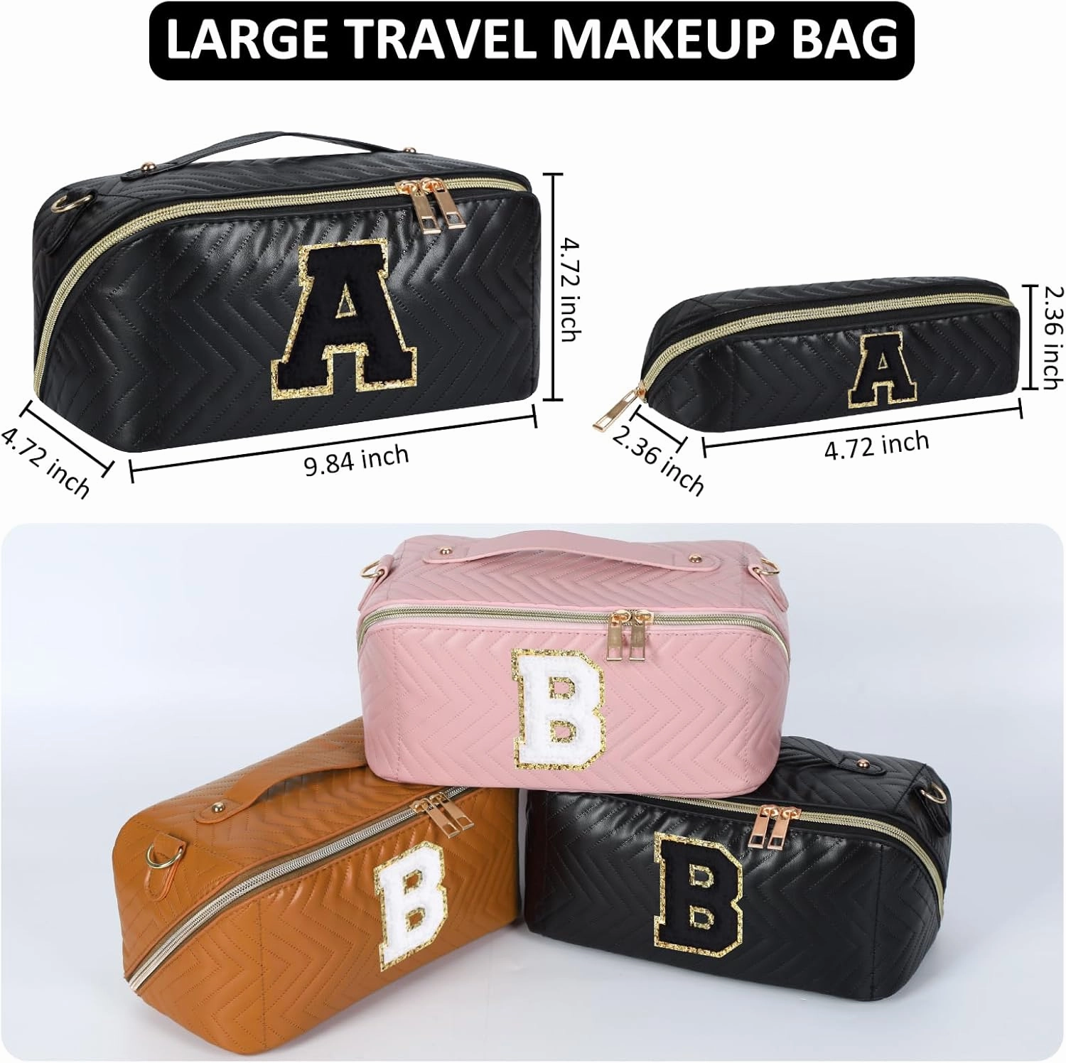 2Pcs Initial Makeup Bags for Women - Waterproof PU Leather Cosmetic Organizer, Large Capacity Open Flat Travel Set with Dividers & Handle, Personalized Birthday & festival Gift (Black, E)