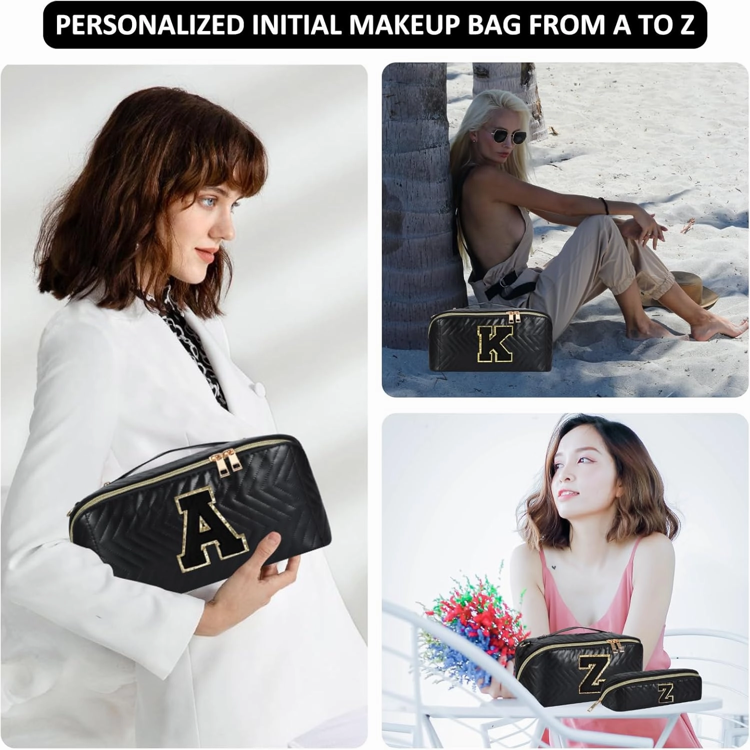 2Pcs Initial Makeup Bags for Women - Waterproof PU Leather Cosmetic Organizer, Large Capacity Open Flat Travel Set with Dividers & Handle, Personalized Birthday & festival Gift (Black, E)